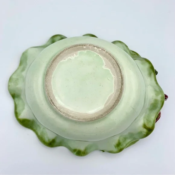 Vintage Majolica Pottery Bowl 8” Green Leaves Pink Capodimonte Raised Flower - Picture 14 of 16